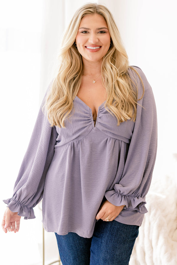 Chic Soul plus size clothing, dusty blue long sleeve top with av-neckline detail as well as ruffles at the end of each sleeve