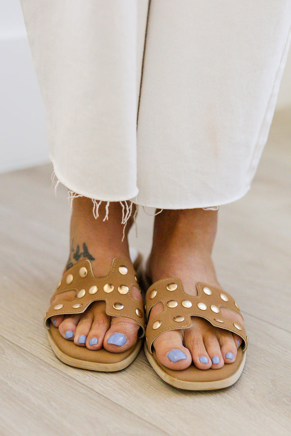 Chic Soul plus size clothing, backless open-toed h-shaped camel brown sandals with gold studding on the top with a light brown sole 