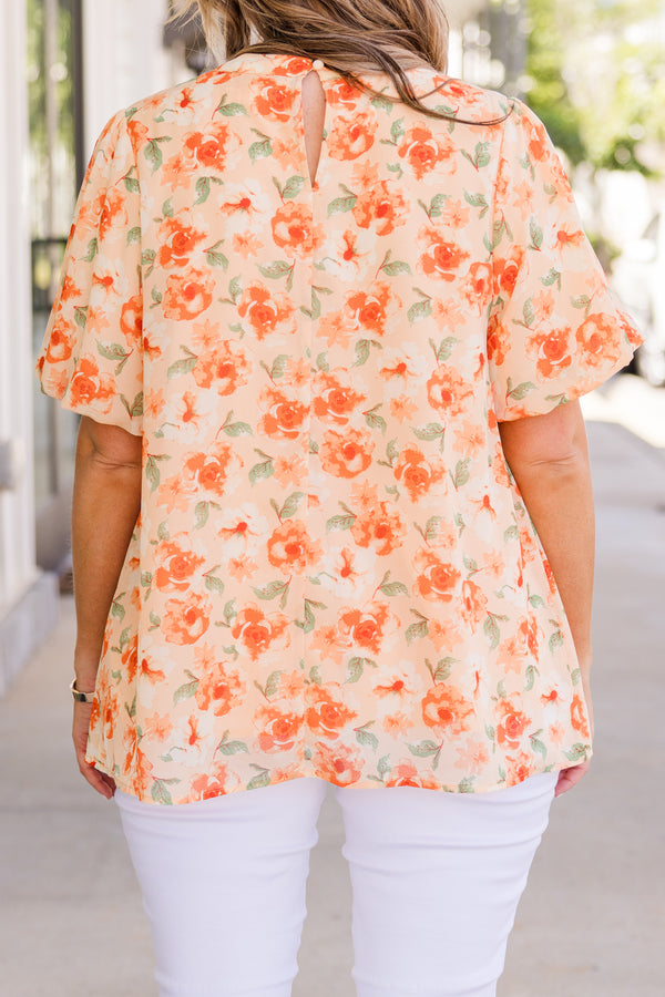 Chic Soul plus size clothing, orange short sleeve flowy top with orange floral print with stitch design along chest
