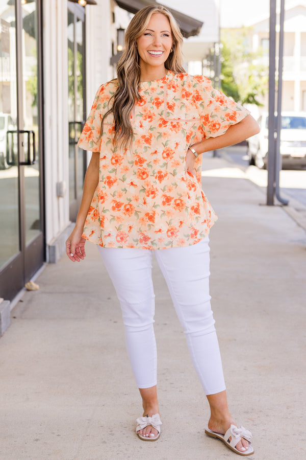 Chic Soul plus size clothing, orange short sleeve flowy top with orange floral print with stitch design along chest