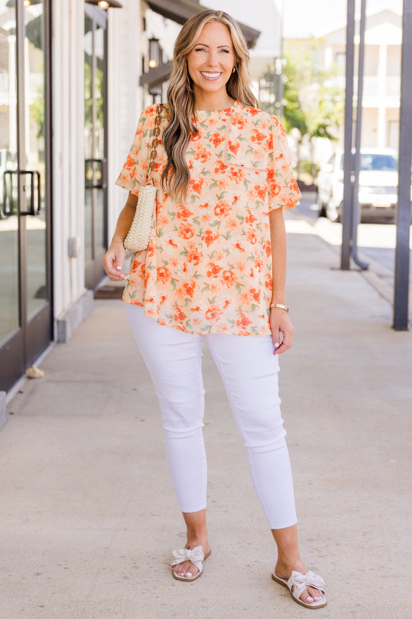 Chic Soul plus size clothing, orange short sleeve flowy top with orange floral print with stitch design along chest