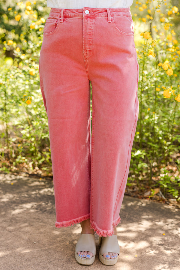 Chic Soul plus size clothing, high-waisted peach blossom pink cropped wide-leg jeans with fraying along the hemline 