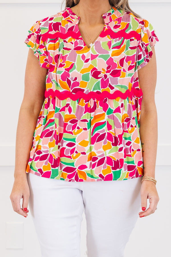 Chic Soul plus size clothing, short-flutter-sleeve rose pink top with an abstract floral print and a rose pink ric rac detailing with a split-v-neckline 