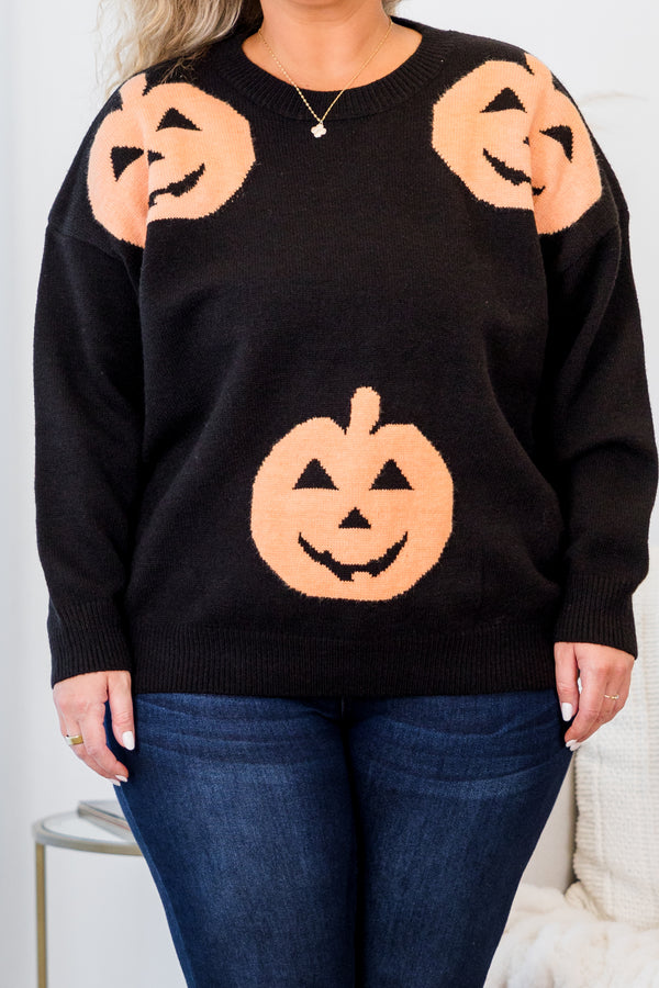 Chic Soul plus size clothing, long-sleeve black sweater with scoop-neckline and orange jack-o-lantern pattern 