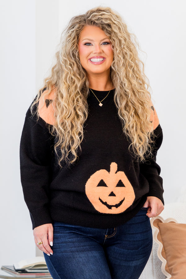 Chic Soul plus size clothing, long-sleeve black sweater with scoop-neckline and orange jack-o-lantern pattern 