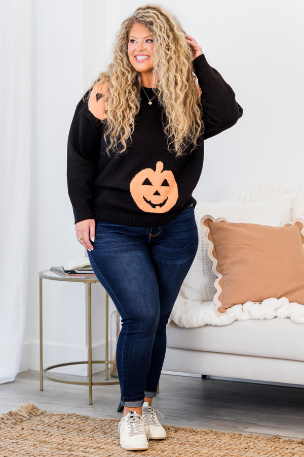 Chic Soul plus size clothing, long-sleeve black sweater with scoop-neckline and orange jack-o-lantern pattern 