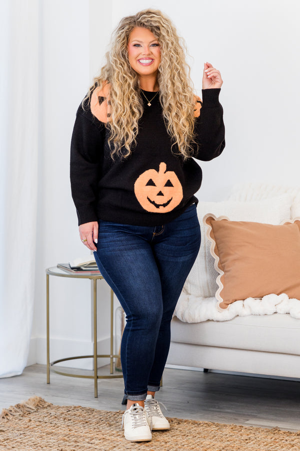 Chic Soul plus size clothing, long-sleeve black sweater with scoop-neckline and orange jack-o-lantern pattern 