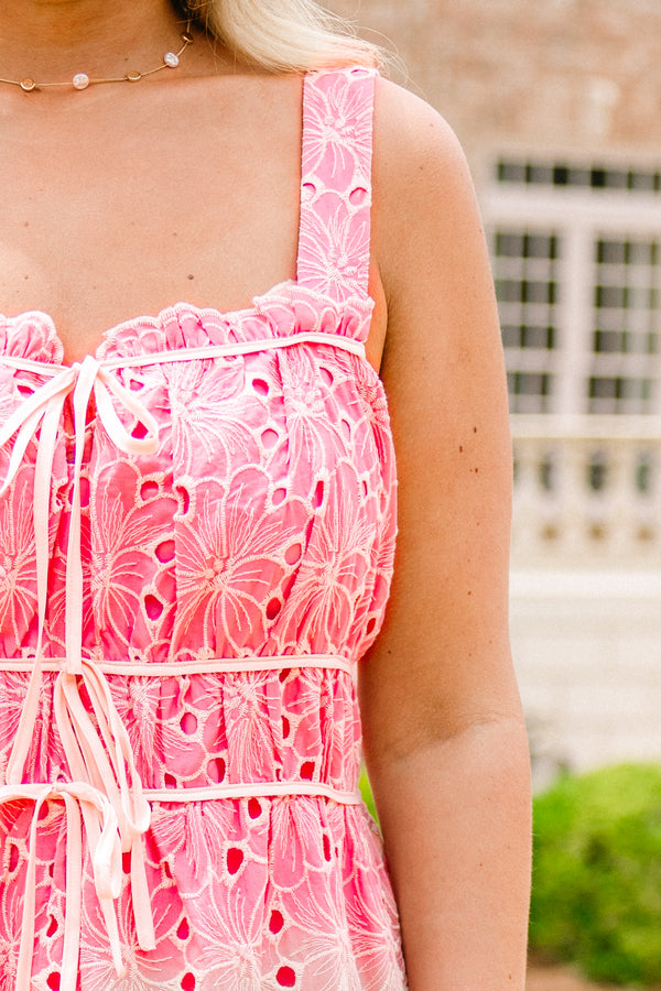 Chic Soul plus size clothing, pink dress with a floral lace pattern and two accent bows on the waist and neckline, with ruffle details on the neckline 