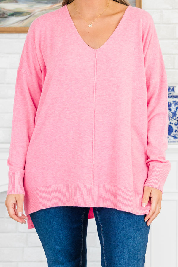 Chic Soul plus size clothing, long-sleeve heather candy pink sweater with v-neckline