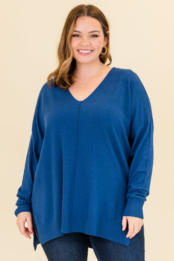 Chic Soul plus size clothing, heather light navy long sleeve knit sweater with v neckline and ribbed cuff sleeves with outer stitching along center