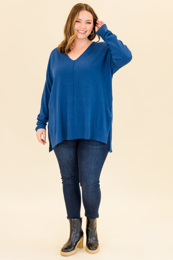 Chic Soul plus size clothing, heather light navy long sleeve knit sweater with v neckline and ribbed cuff sleeves with outer stitching along center