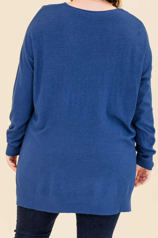 Chic Soul plus size clothing, heather marlin blue long sleeve knit sweater with cuff sleeves and slits on each side with v neckline and outer stitch detail along center