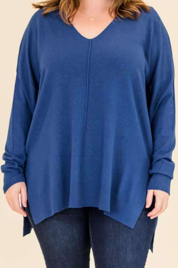 Chic Soul plus size clothing, heather marlin blue long sleeve knit sweater with cuff sleeves and slits on each side with v neckline and outer stitch detail along center