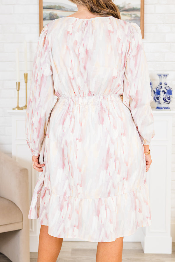 Chic Soul plus size clothing, long-puffed-sleeve pink ruffled dress with cinched waistline and light pink and white abstract watercolor pattern