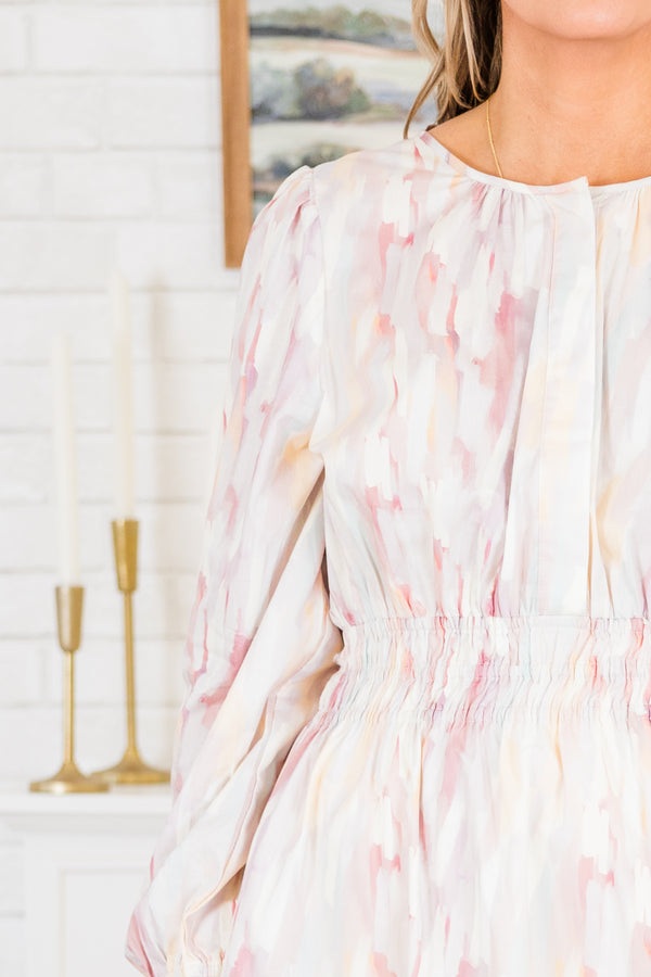 Chic Soul plus size clothing, long-puffed-sleeve pink ruffled dress with cinched waistline and light pink and white abstract watercolor pattern