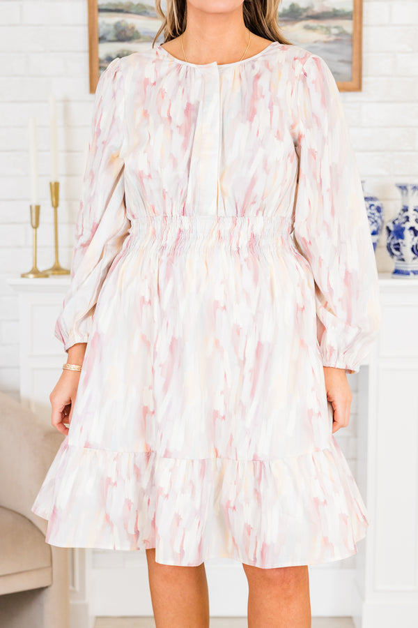 Chic Soul plus size clothing, long-puffed-sleeve pink ruffled dress with cinched waistline and light pink and white abstract watercolor pattern