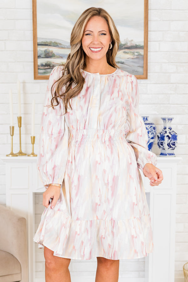 Chic Soul plus size clothing, long-puffed-sleeve pink ruffled dress with cinched waistline and light pink and white abstract watercolor pattern
