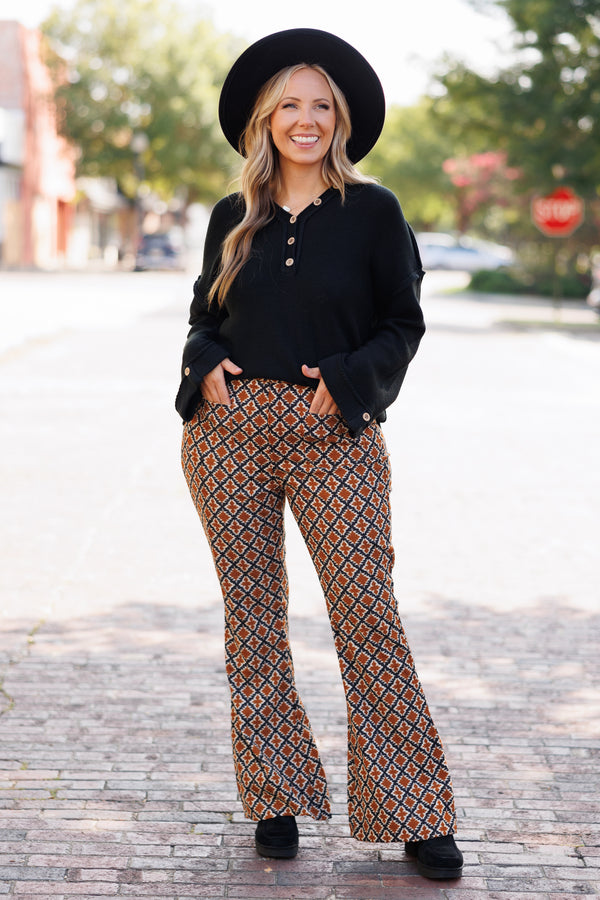 Chic Soul plus size clothing, camel flared pants with geometric accents pattern