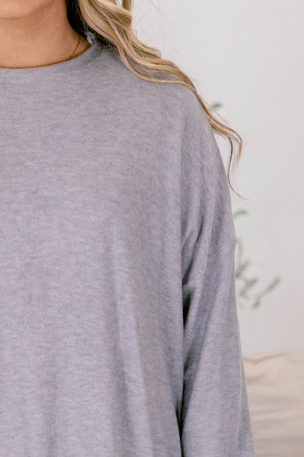 Chic Soul plus size clothing, heather gray long sleeve flowy boat neck top