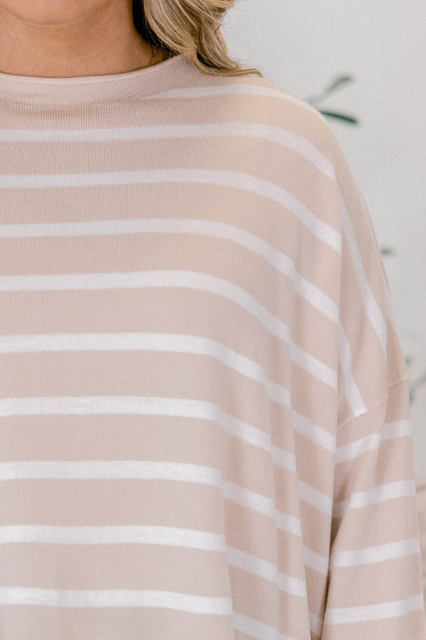 Chic Soul plus size clothing, sand and white striped high neck long sleeve sweater 