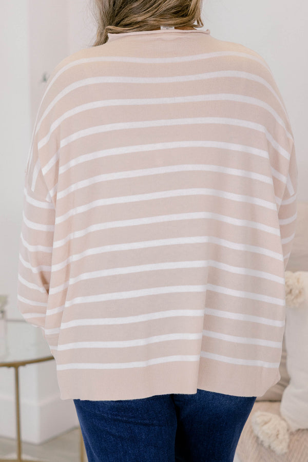 Chic Soul plus size clothing, sand and white striped high neck long sleeve sweater 