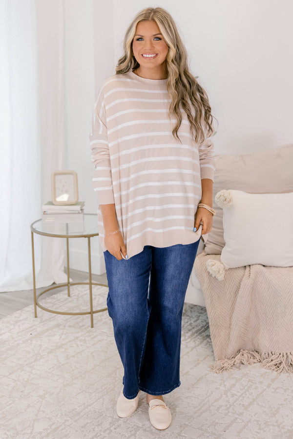 Chic Soul plus size clothing, sand and white striped high neck long sleeve sweater 