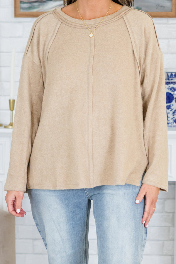 Chic Soul plus size clothing, ash mocha long sleeve top with round neckline and outer stitching detail along neckline, shoulder, and center