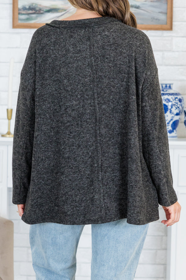 Chic Soul plus size clothing, black heathered long sleeve top with round neckline and outer stitching detail along shoulders and center