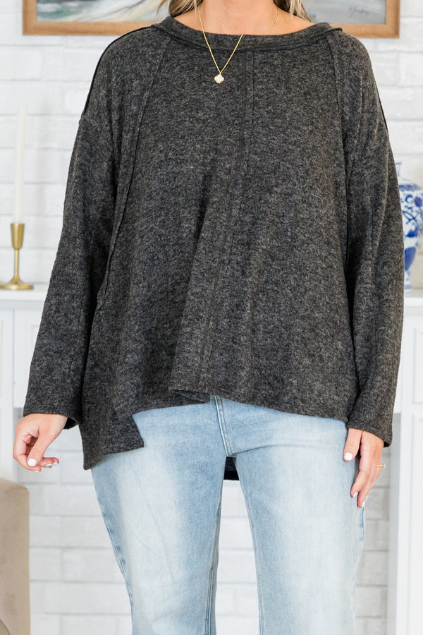 Chic Soul plus size clothing, black heathered long sleeve top with round neckline and outer stitching detail along shoulders and center