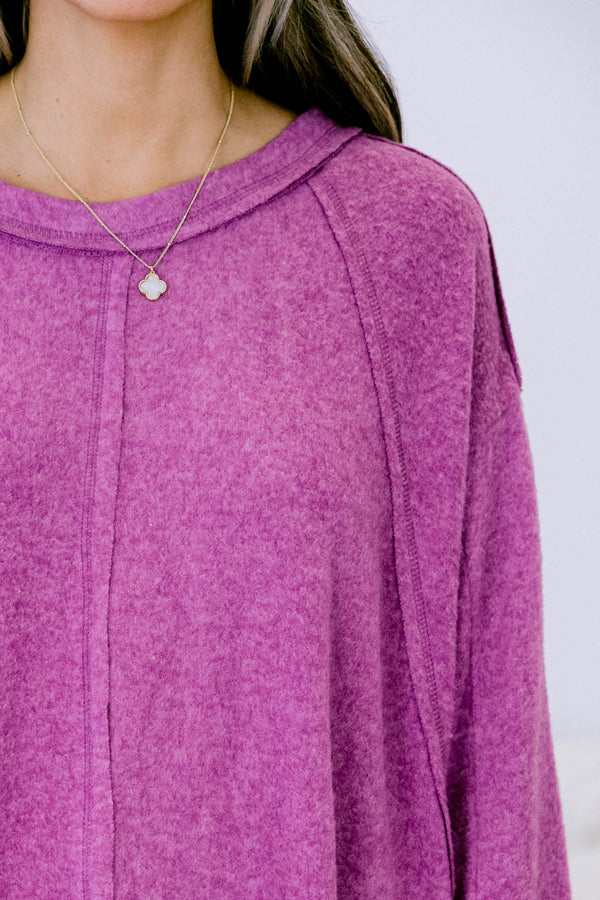 Chic Soul Plus size clothing, light plum colored sweater  with long sleeves and stitching details down the center of the shirt and the the sleeves 