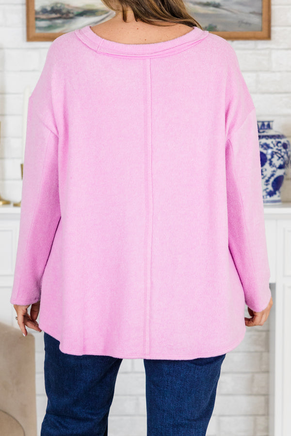 Chic Soul plus size clothing, mauve pink long sleeve soft top with round neckline and outer stitching detail 