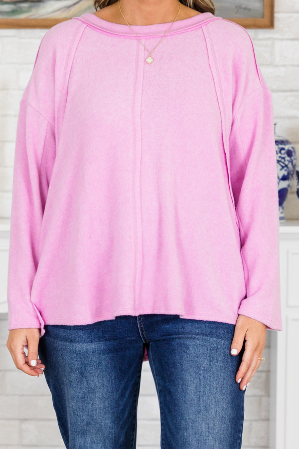 Chic Soul plus size clothing, mauve pink long sleeve soft top with round neckline and outer stitching detail 