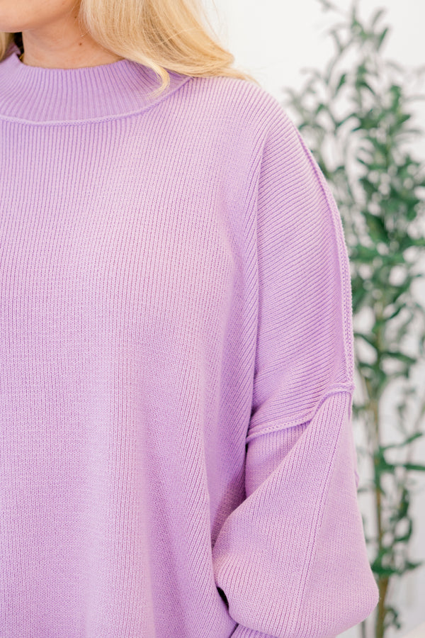 Chic Soul plus size clothing, lavender purple long sleeve pullover with mock neck and band around the wrists