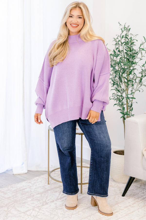Chic Soul plus size clothing, lavender purple long sleeve pullover with mock neck and band around the wrists