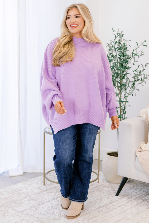 Chic Soul plus size clothing, lavender purple long sleeve pullover with mock neck and band around the wrists