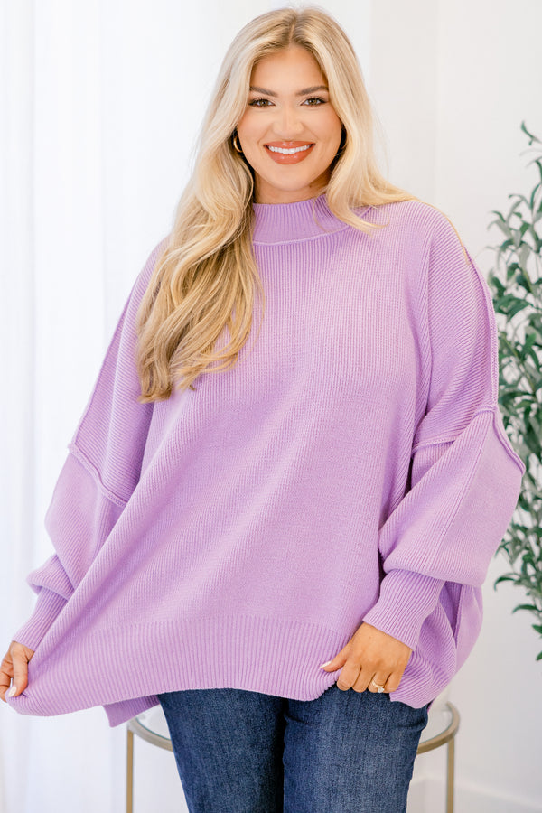 Chic Soul plus size clothing, lavender purple long sleeve pullover with mock neck and band around the wrists