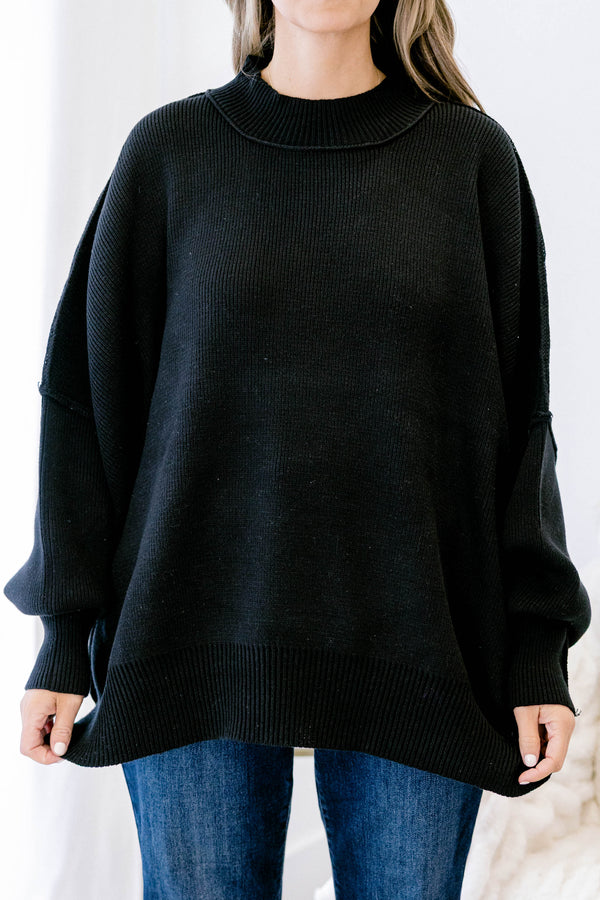 Chic Soul plus size clothing, black puff sleeve oversized fit mock neck sweater