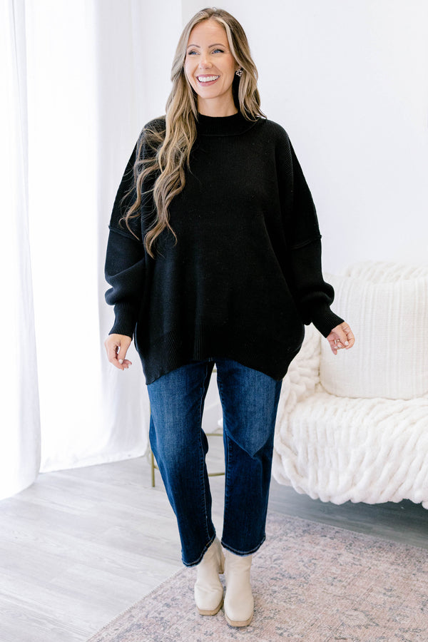 Chic Soul plus size clothing, black puff sleeve oversized fit mock neck sweater