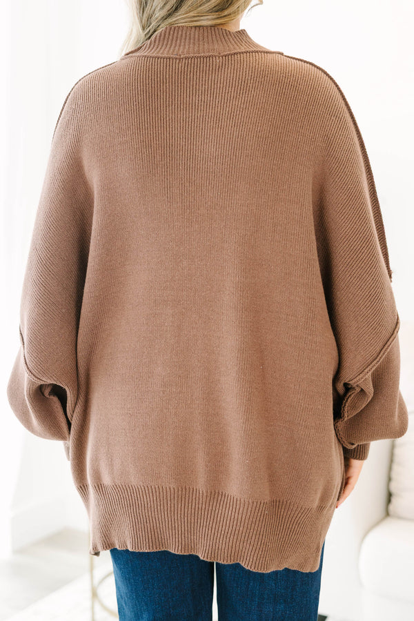 Chic Soul plus size clothing, dark brown mock neck long sleeve tunic sweater