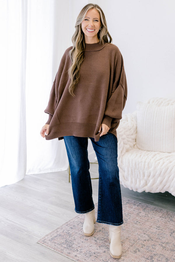 Chic Soul plus size clothing, dark brown mock neck long sleeve tunic sweater