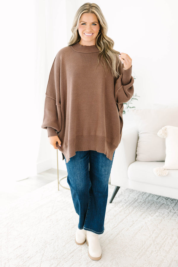 Chic Soul plus size clothing, dark brown mock neck long sleeve tunic sweater