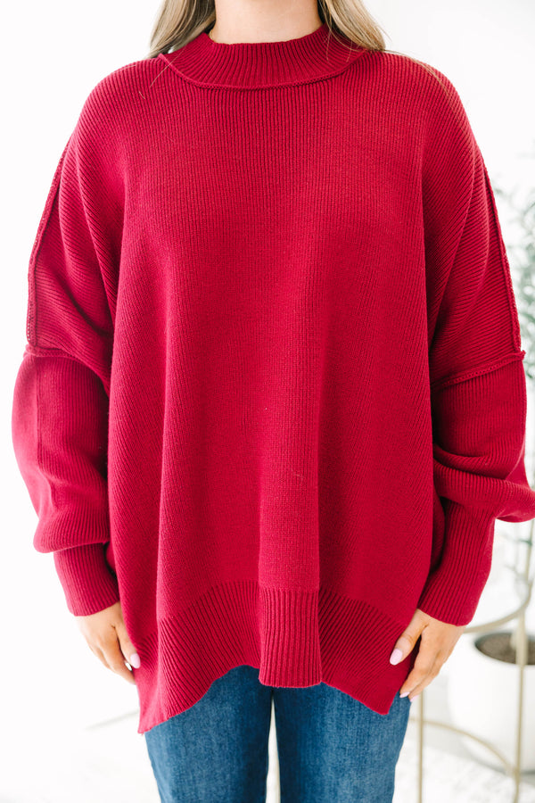Chic Soul plus size clothing, dark red long sleeve relaxed fit mock neck sweater