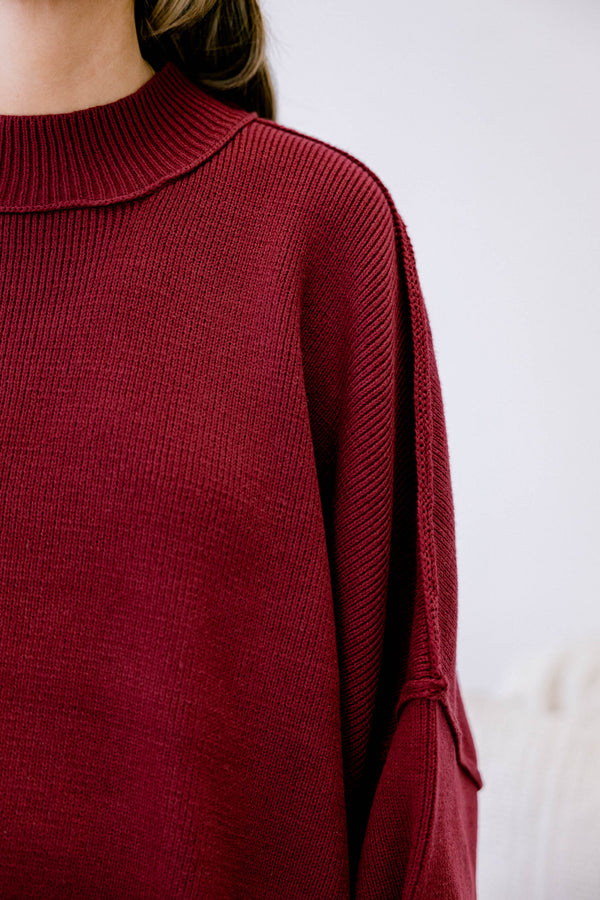 Chic Soul plus size clothing, dark red long sleeve relaxed fit mock neck sweater
