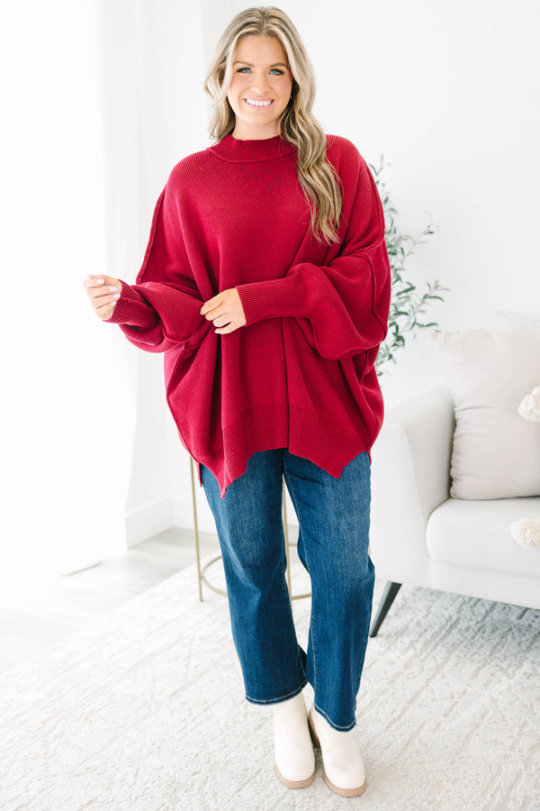 Chic Soul plus size clothing, dark red long sleeve relaxed fit mock neck sweater