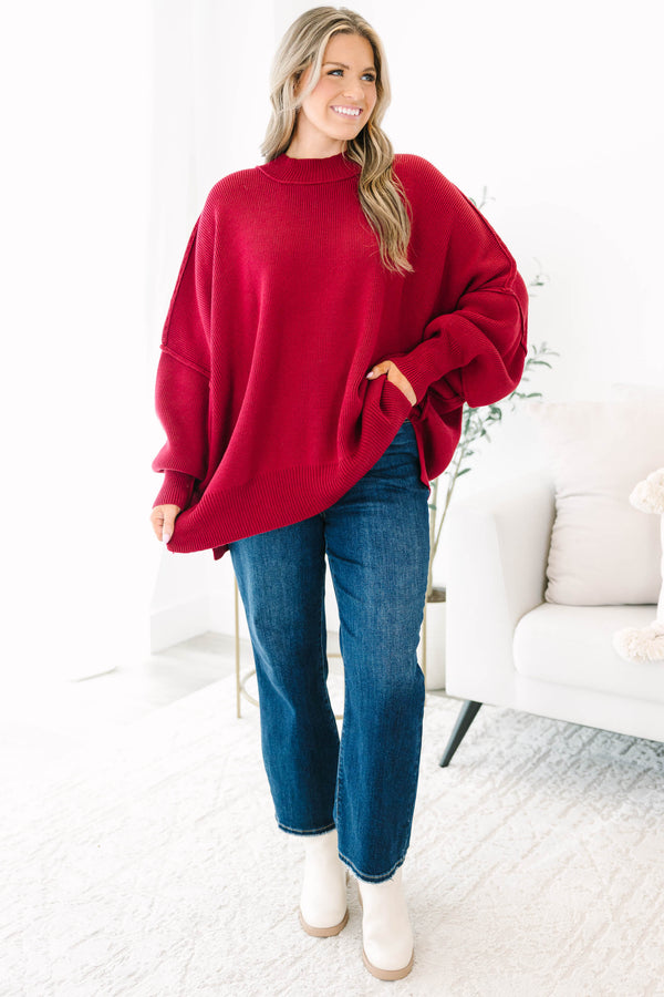 Chic Soul plus size clothing, dark red long sleeve relaxed fit mock neck sweater