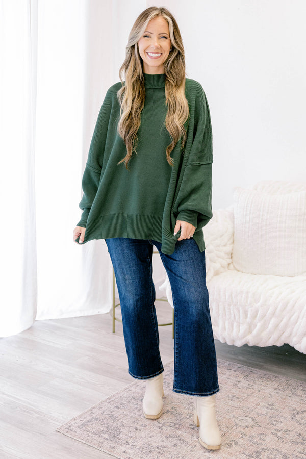 Chic Soul plus size clothing, dark green mock neck long sleeve tunic sweater