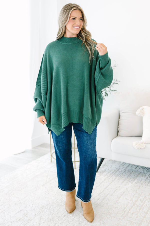 Chic Soul plus size clothing, dark green mock neck long sleeve tunic sweater