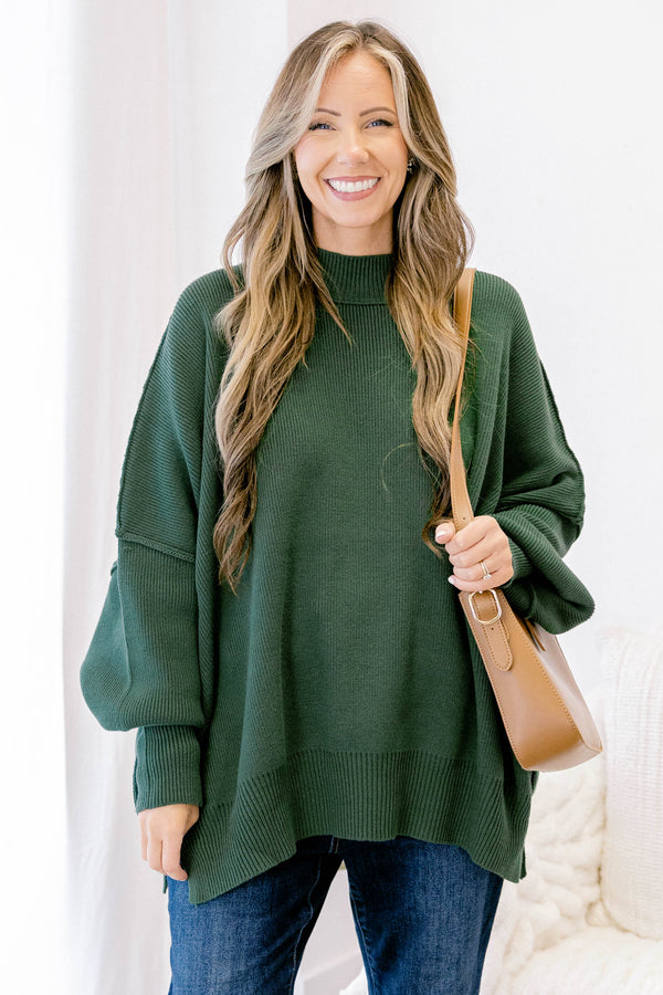 Chic Soul plus size clothing, dark green mock neck long sleeve tunic sweater