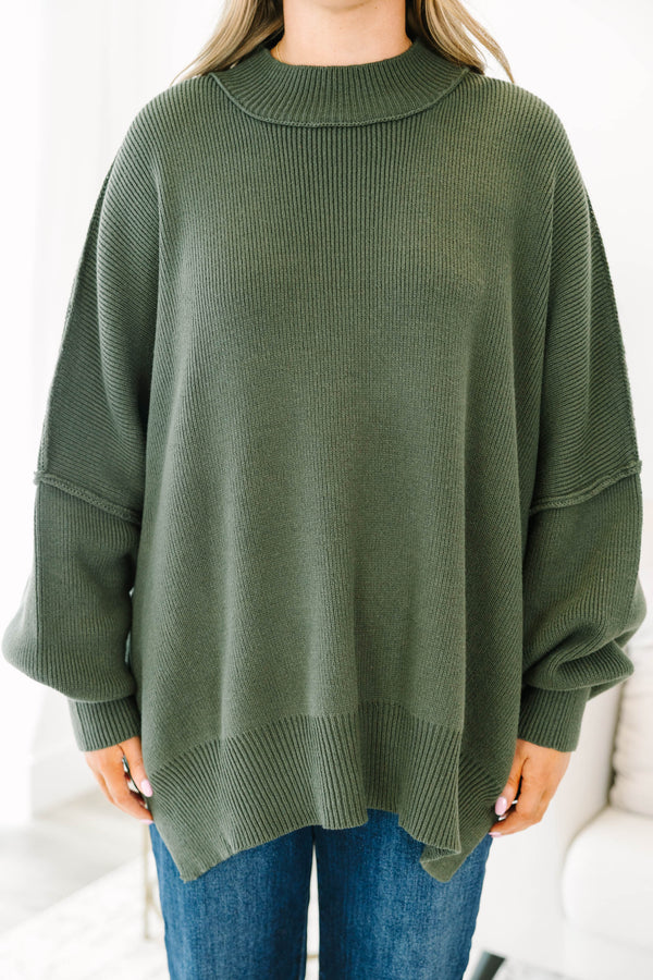 Chic Soul plus size clothing, dark olive green long sleeve relaxed fit mock neck sweater