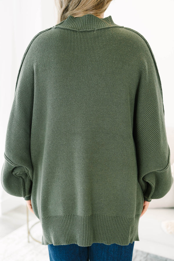 Chic Soul plus size clothing, dark olive green long sleeve relaxed fit mock neck sweater